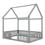 Full Size Wood House Bed with Fence and Door, Gray - V.I.P Digital Presence