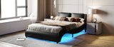 Queen Size Upholstered Faux Leather Platform Bed with LED Light Bed Frame with Slatted - Black - V.I.P Digital Presence