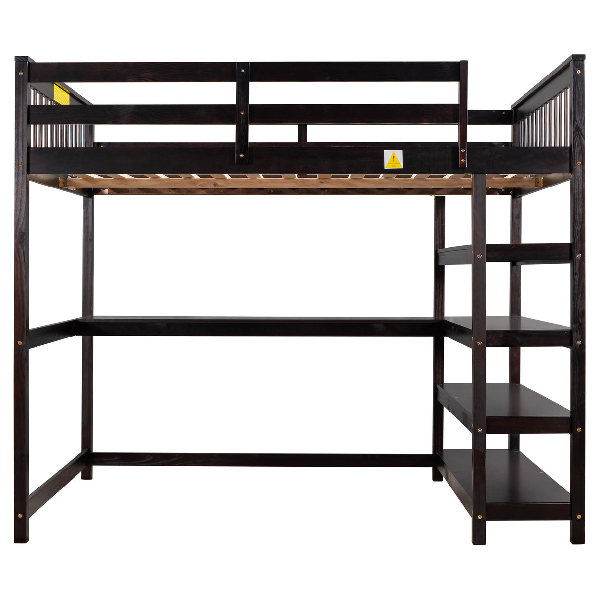 Full Size Loft Bed with Storage Shelves and Under-bed Desk  Espresso