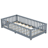 Twin Size Bed Floor Bed with Safety Guardrails and Door for Kids, Gray - V.I.P Digital Presence
