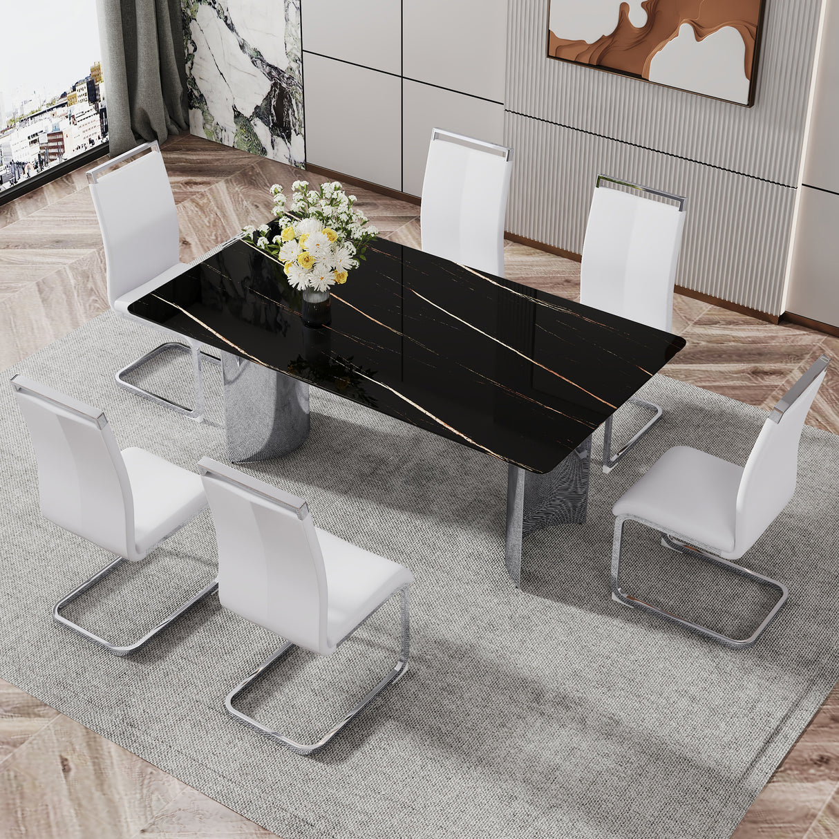 Modern minimalist dining table The black imitation marble glass desktop is equipped with silver metal legs - V.I.P Digital Presence