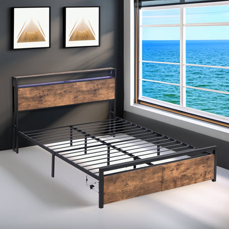 Full size bedstead with storage headboard and 2 drawers, LED light bed with charging station, metal Flat noodles support - V.I.P Digital Presence