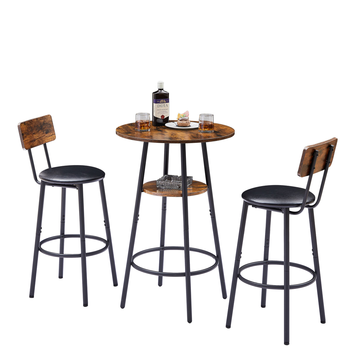 Round bar stool set with shelf upholstered stool with backrest Rustic Brown 23.62'' W x 23.62'' D x 35.43'' H - V.I.P Digital Presence