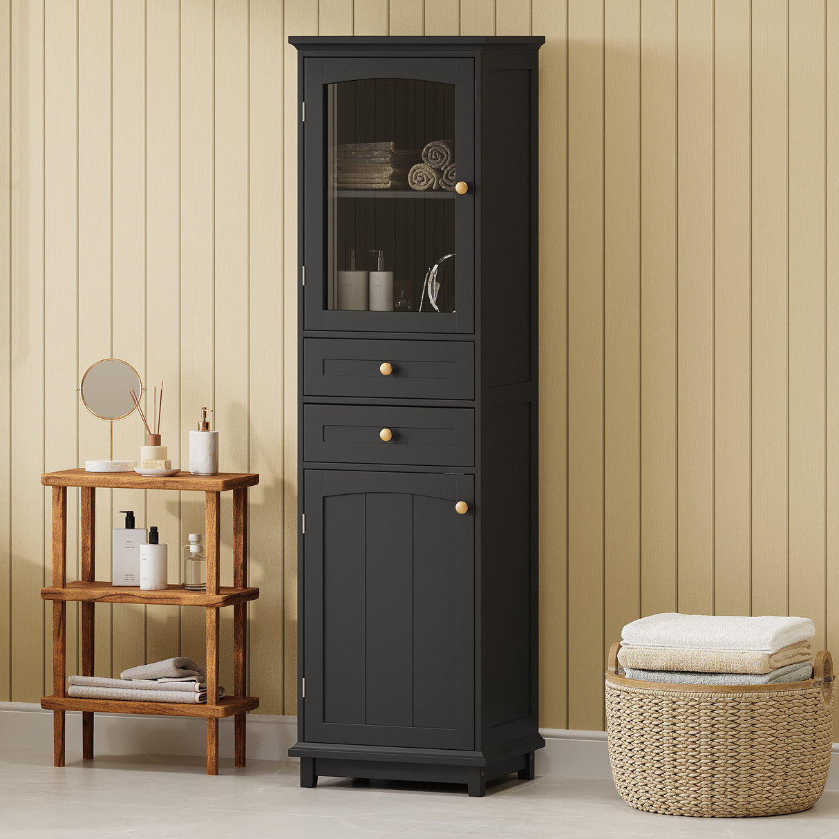 Tall Bathroom Storage Cabinet with Glass Doors, Free-Standing, Two Drawers, and Adjustable Shelves, MDF Board, Painted Black - V.I.P Digital Presence