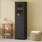 Tall Bathroom Storage Cabinet with Glass Doors, Free-Standing, Two Drawers, and Adjustable Shelves, MDF Board, Painted Black - V.I.P Digital Presence