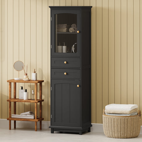 Tall Bathroom Storage Cabinet with Glass Doors, Free-Standing, Two Drawers, and Adjustable Shelves, MDF Board, Painted Black - V.I.P Digital Presence