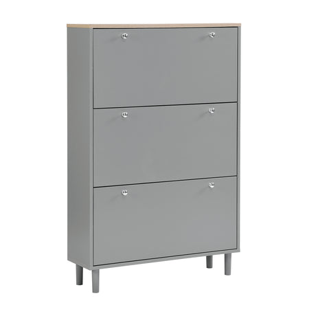 ON-TRANS narrow design shoe cabinet with 3 flip drawers and 3 independent shoe racks with 3 hooks, gray - V.I.P Digital Presence