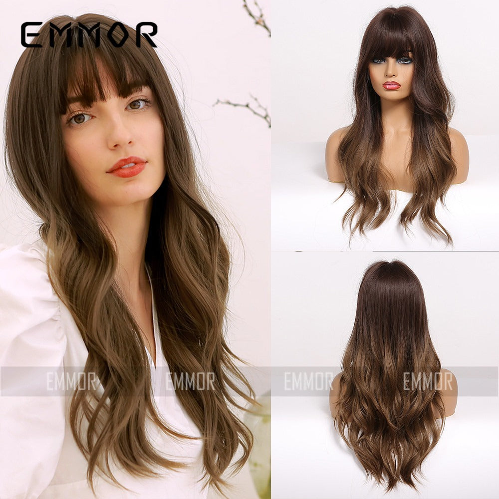 Black Brown Bangs Long Curly Hair Natural Full Head Set Chemical Fiber Wig Female Full Head - V.I.P Digital Presence