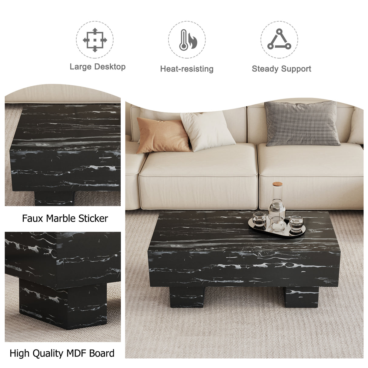 The black coffee table has patterns Modern rectangular table suitable for living rooms and apartments  43.3"*21.6"*17.2"
