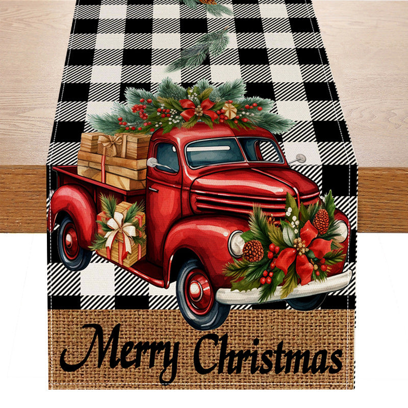Red car printed table flag Christmas red black checkered linen living room decoration tablecloth - V.I.P Digital Presence