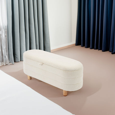Elegant Upholstered Sherpa Fabric Storage Ottoman with Wood Legs, Storage Bench for Bedroom, Living Room, White - V.I.P Digital Presence