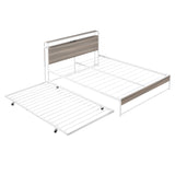 Queen Size Metal Platform Bed Frame with Trundle, USB Ports and Slat Support ,No Box Spring Needed White - V.I.P Digital Presence