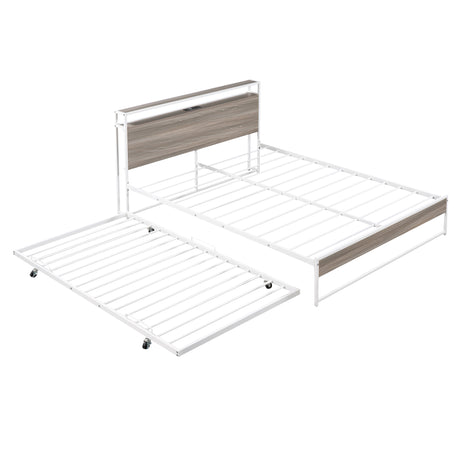 Queen Size Metal Platform Bed Frame with Trundle, USB Ports and Slat Support ,No Box Spring Needed White - V.I.P Digital Presence