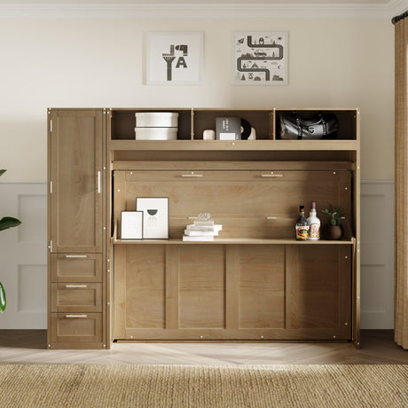 Full Size Murphy Bed with Wardrobe, Drawers and Open Shelves, Antique Grey - V.I.P Digital Presence