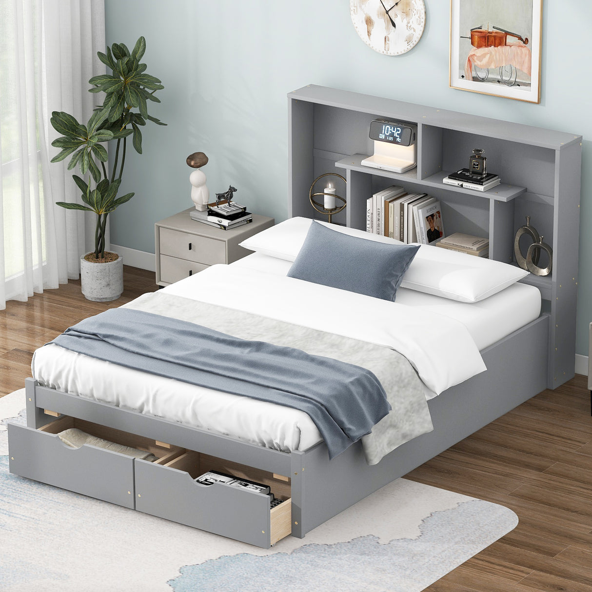 Full Size Platform Bed with Storage Headboard and 2 Drawers, Gray - V.I.P Digital Presence