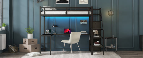 Full sized loft bed with L-shaped desk and USB, metal loft bed with wardrobe and adjustable shelf, black color - V.I.P Digital Presence