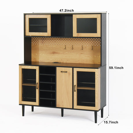 59 "H buffet side cabinet with storage door and power outlet, coffee bar cabinet with wine rack, black and natural colors - V.I.P Digital Presence