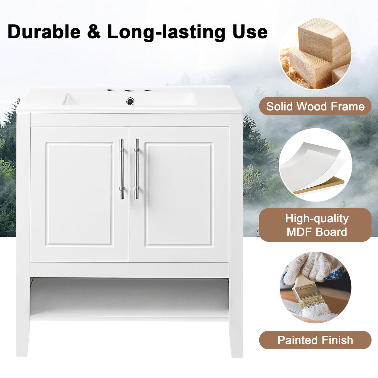 30" Bathroom Vanity with Sink  Multi-functional Bathroom Cabinet with Doors and Drawers Solid Frame and MDF Board, White - V.I.P Digital Presence