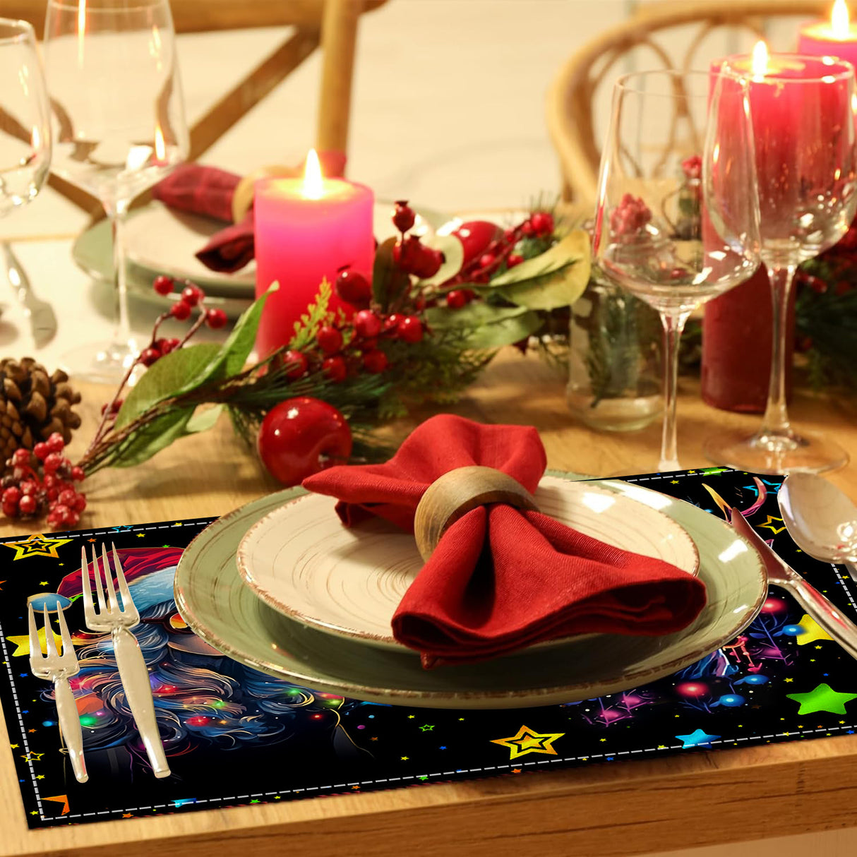 Christmas table mat with white linen starry sky and Santa Claus print - V.I.P Digital Presence