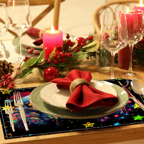 Christmas table mat with white linen starry sky and Santa Claus print - V.I.P Digital Presence