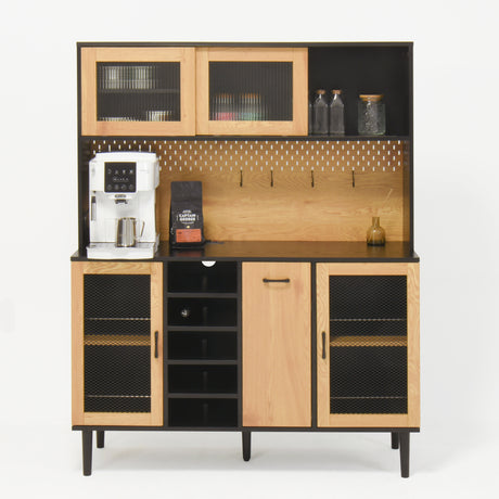59 "H buffet side cabinet with storage door and power outlet, coffee bar cabinet with wine rack, black and natural colors - V.I.P Digital Presence