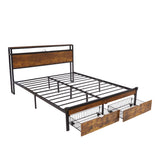 Large metal bed frame with wooden headboard and USB foot pedal, charging station, 2 drawers, LED lights, no need for box spring - V.I.P Digital Presence