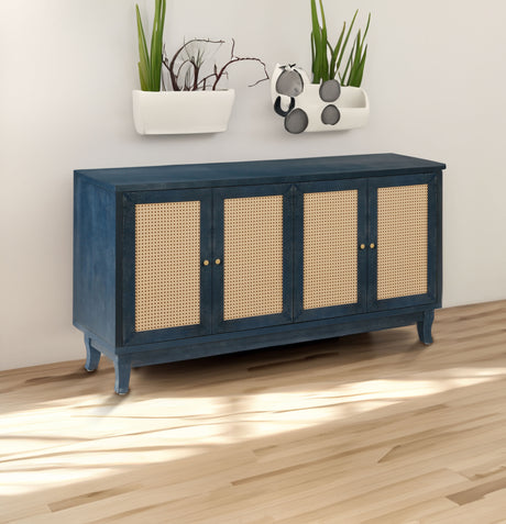 Handcrafted Premium Grain Panels Rattan Sideboard Buffer Cabinet Accent Storage Cabinet With 4 Rattan Doors BLUE - V.I.P Digital Presence