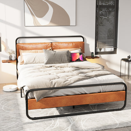 King Size Metal Bed Frame with Upholstered Headboard, with wireless charging and USB A & USB C, Touch LED light Vintage Brown - V.I.P Digital Presence