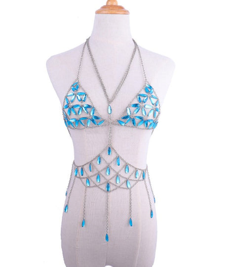 Queen Bling Metal Tassel Details Tank Tops Festival Rave Clothing Summer Sexy Backless Rave Body Chain Beach Tops - V.I.P Digital Presence