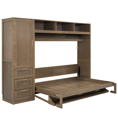 Full Size Murphy Bed with Wardrobe, Drawers and Open Shelves, Antique Grey - V.I.P Digital Presence