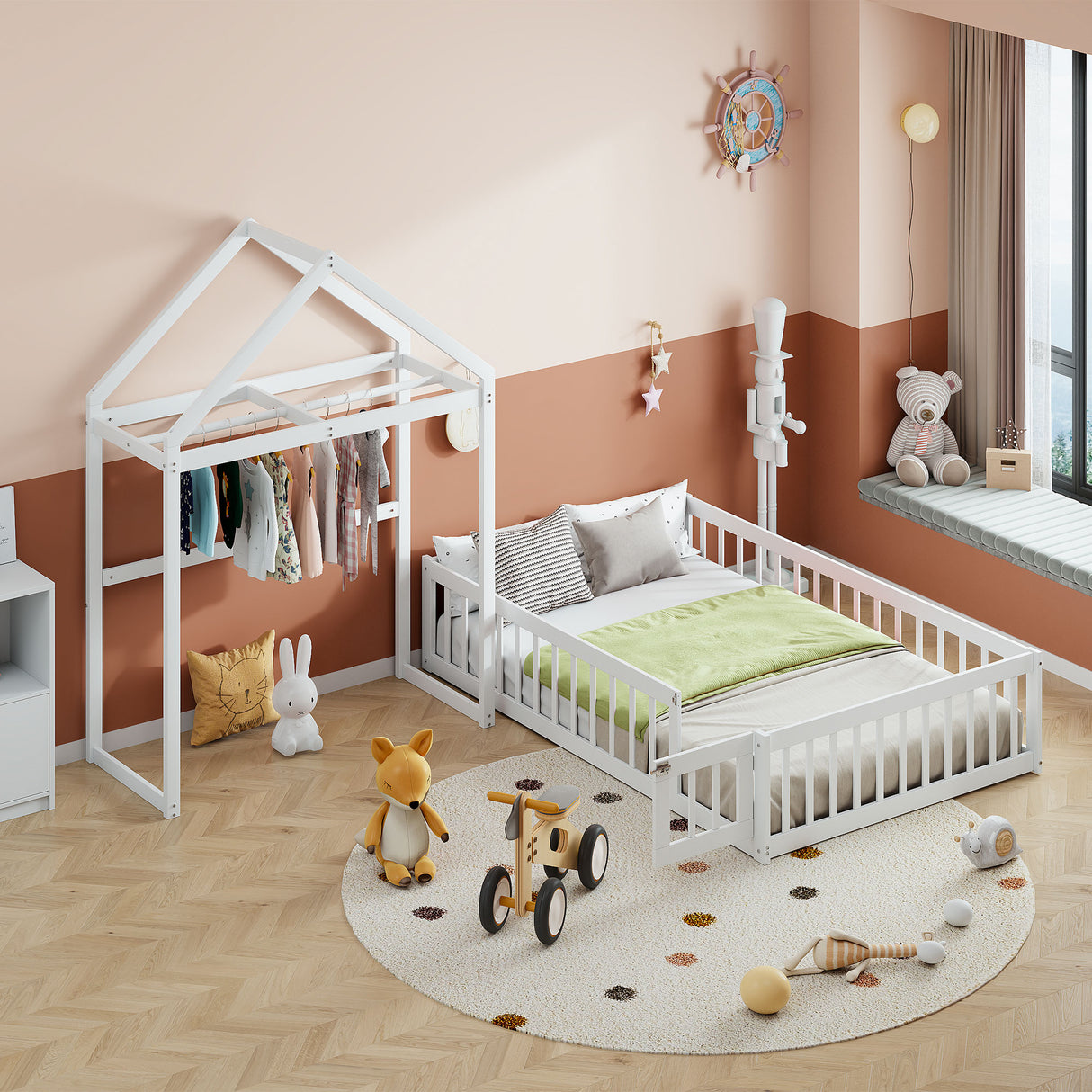 Wooden Full Size Children's Bed with Detachable Headboard and Integrated Clothes Drying Rack, White - V.I.P Digital Presence