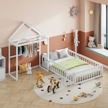 Wooden Full Size Children's Bed with Detachable Headboard and Integrated Clothes Drying Rack, White - V.I.P Digital Presence
