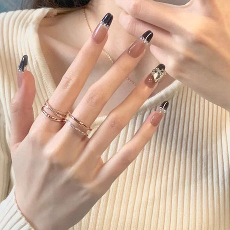 Black French Long Wearing Nail Rhinestone Love Chain Removable Fake Nail Nail Piece Nail Sticker Manicure Nail - V.I.P Digital Presence