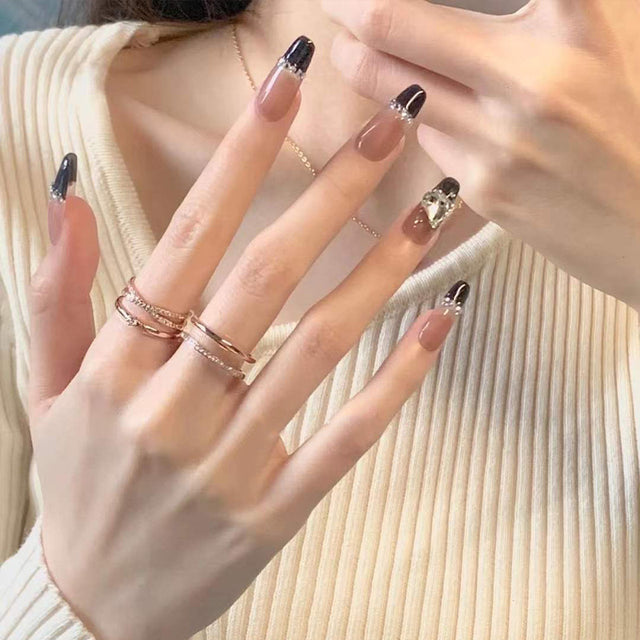 Black French Long Wearing Nail Rhinestone Love Chain Removable Fake Nail Nail Piece Nail Sticker Manicure Nail - V.I.P Digital Presence