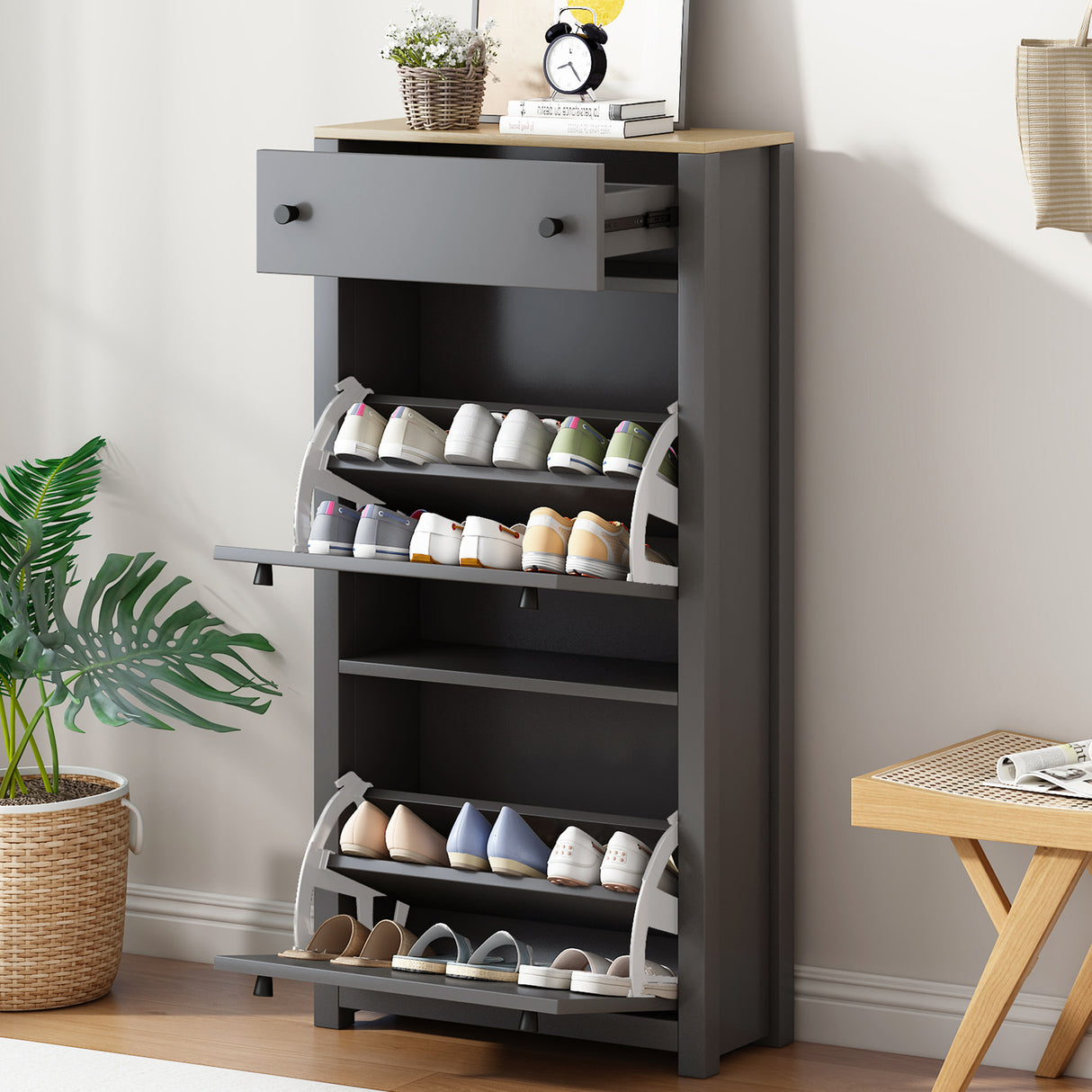 ONTREND functional with 2 flipped drawers, top shoe cabinet with adjustable panel, independent shoe rack, gray - V.I.P Digital Presence