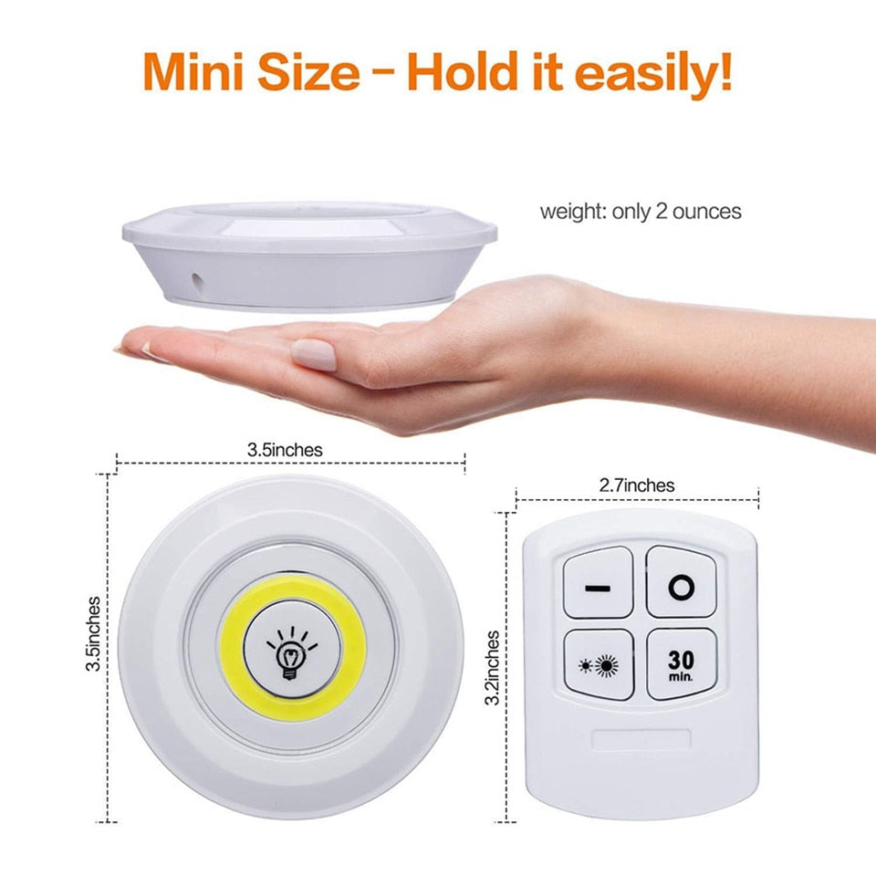 Lámpara LED COB superbrillante de 3 W para debajo del gabinete, con control remoto inalámbrico y regulable, ideal para el hogar, el dormitorio, el armario y la cocina.