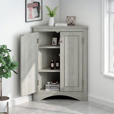 Oak Triangle Bathroom Storage Cabinet with Adjustable Shelves, Freestanding Floor Cabinet for Home Kitchen - V.I.P Digital Presence