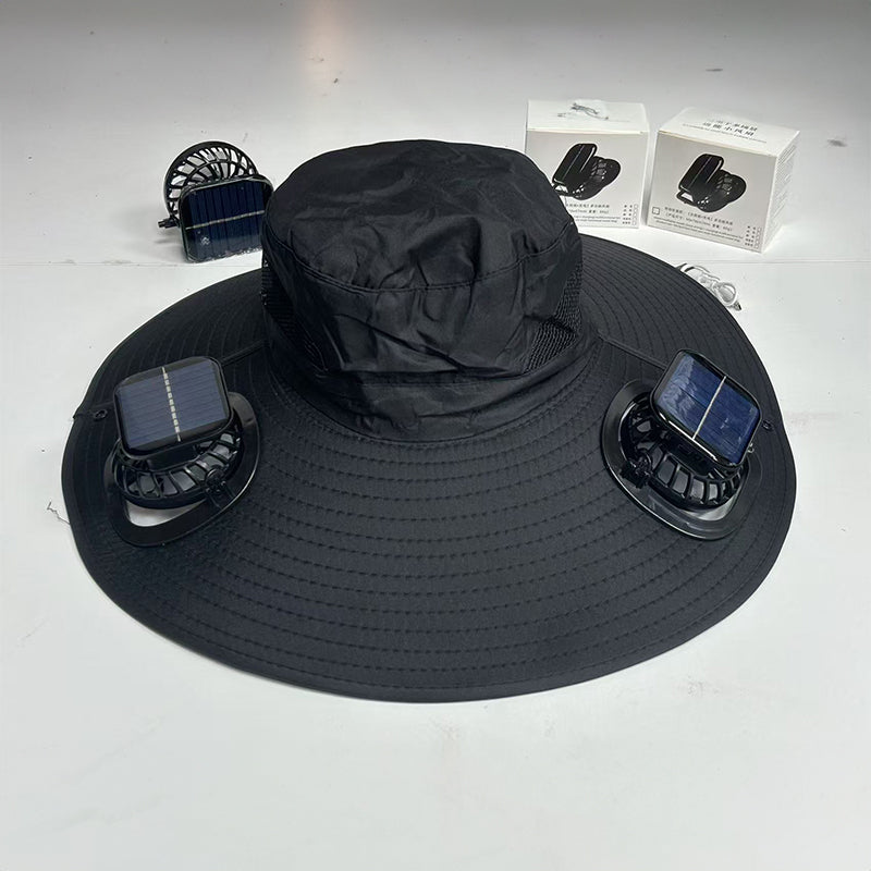 Solar fan hat: wide - brim bucket hat with 2 solar fans, men’s summer cap for outdoor fishing, camping, hiking. - V.I.P Digital Presence