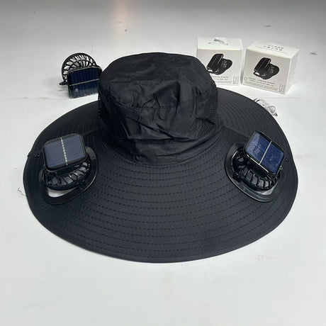 Solar fan hat: wide - brim bucket hat with 2 solar fans, men’s summer cap for outdoor fishing, camping, hiking. - V.I.P Digital Presence