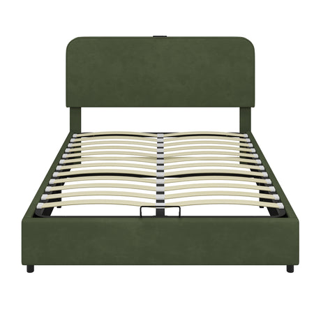 Large hydraulic storage bed with soft cushion lifting storage bed with RGB LED lights, Bluetooth speaker lychee velvet, green - V.I.P Digital Presence