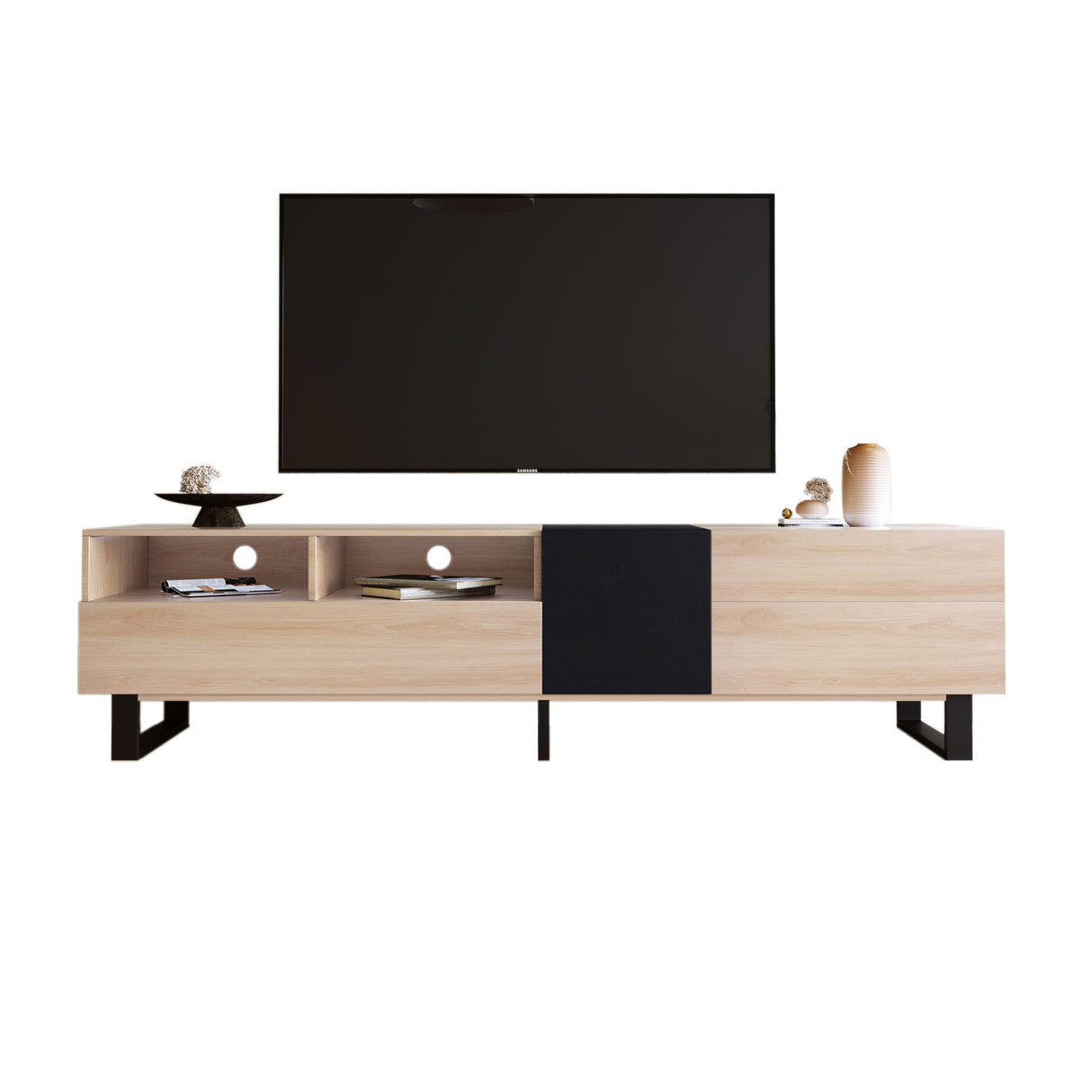 Modern TV Stand for 80'' TV with Double Storage Space Media Console Table Entertainment Center with Drop Down Door