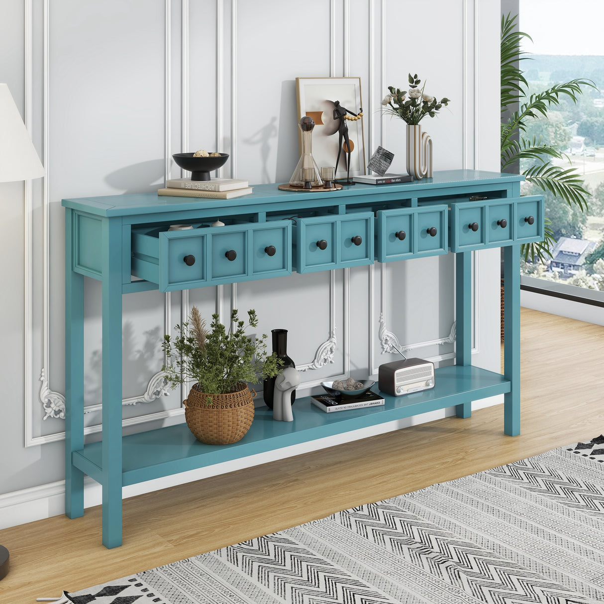 TREXM Rural Entrance Console Table 60 "Long Sofa Table with Two Different Size Drawers and Bottom Shelves for Storage (Turquoise