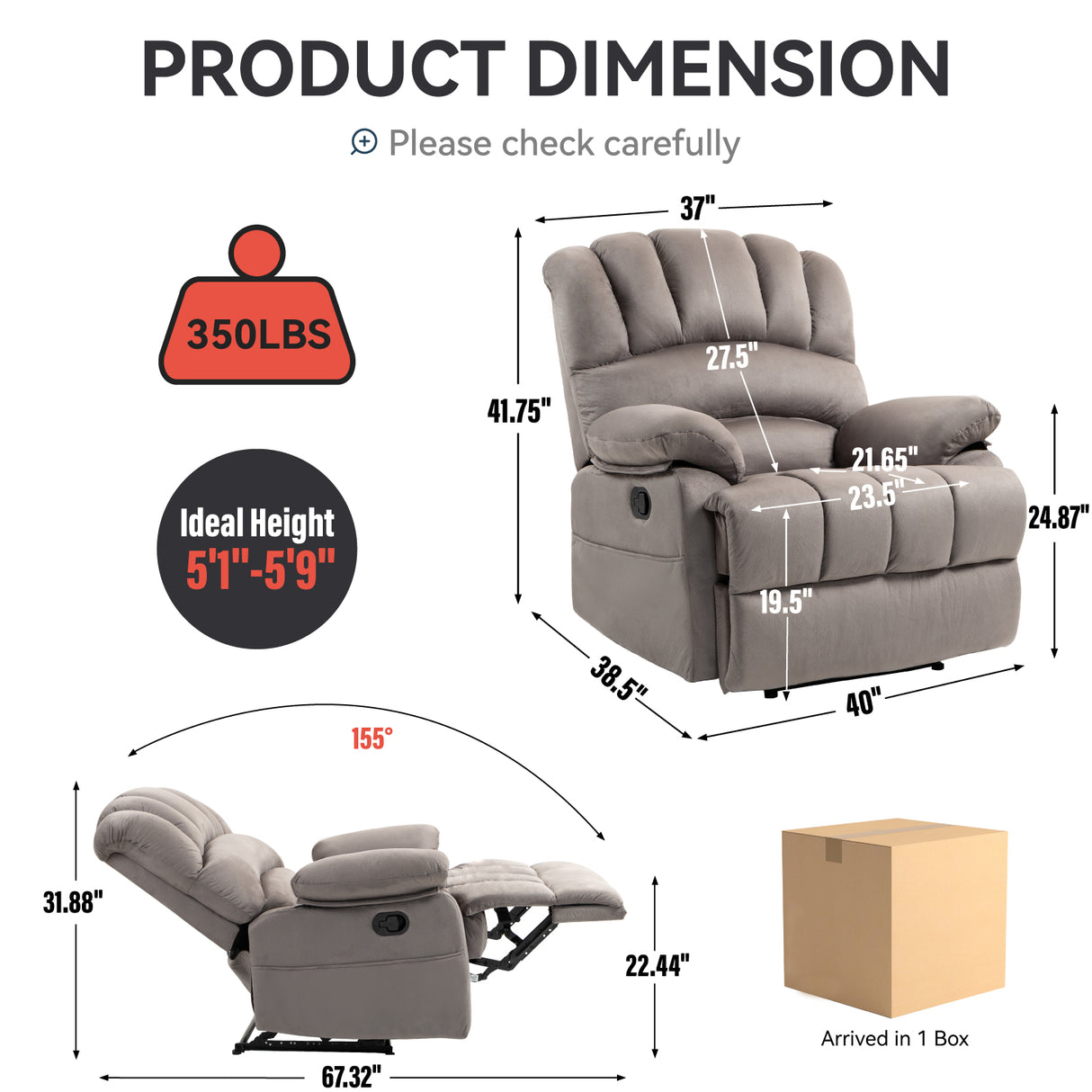 Large Manual Recliner Chair in Fabric for Living Room, Grey - V.I.P Digital Presence