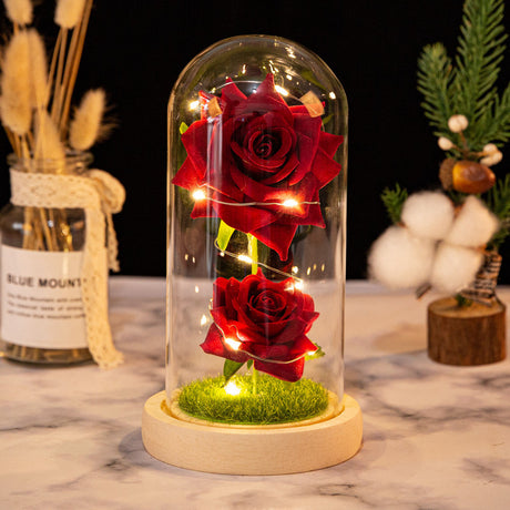 Christmas Valentine's Day Birthday Gift Two Roses Glass Cover Ornament LED Light Simulation Immortal Flower - V.I.P Digital Presence