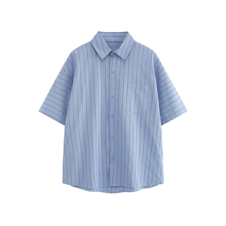 Patch striped casual loose silhouette short sleeved shirt for men - V.I.P Digital Presence
