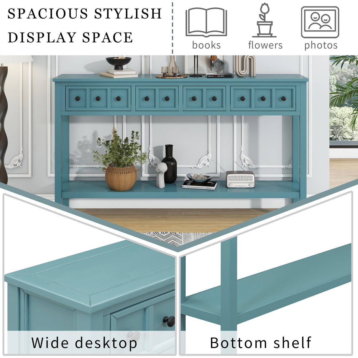 TREXM Rural Entrance Console Table 60 "Long Sofa Table with Two Different Size Drawers and Bottom Shelves for Storage (Turquoise