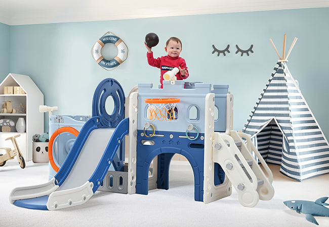 10-1 Toddler Slide Set,Kids Slide for Toddlers Ages 1+, Basketball Hoop Pirate Ship Themed Slide with Ship Head Indoor& Outdoor - V.I.P Digital Presence