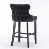 Velvet padded wing back bar stool with button cluster decoration and wooden leg chrome nail head decoration 2-piece set (black)