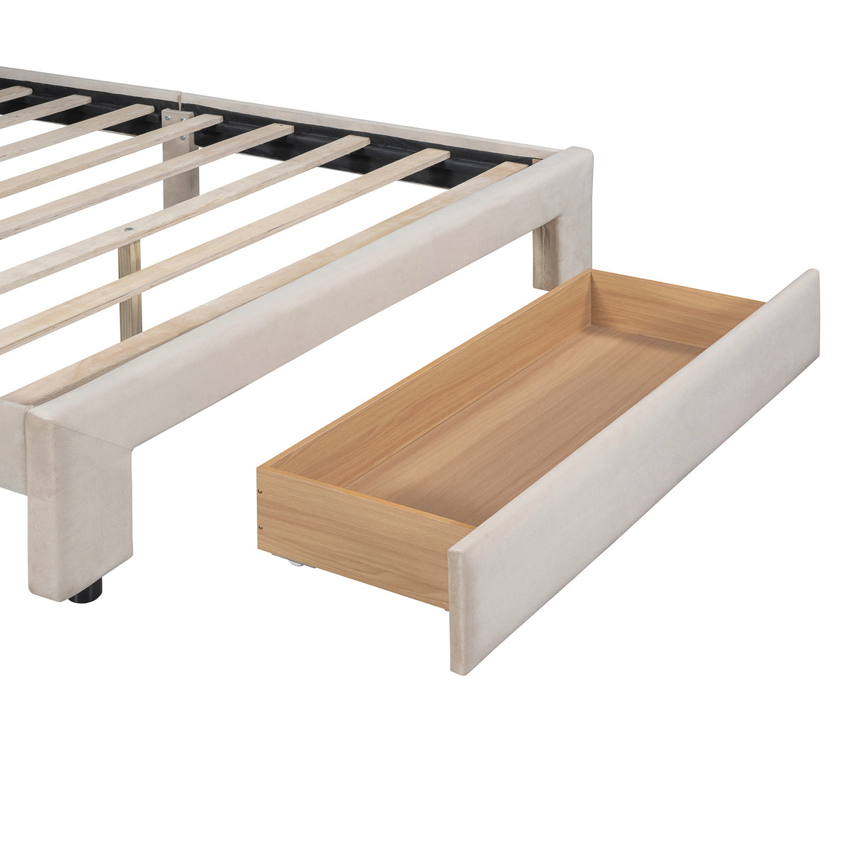 Queen Size Storage Bed Velvet Upholstered Platform Bed with a Big Drawer - Beige - V.I.P Digital Presence