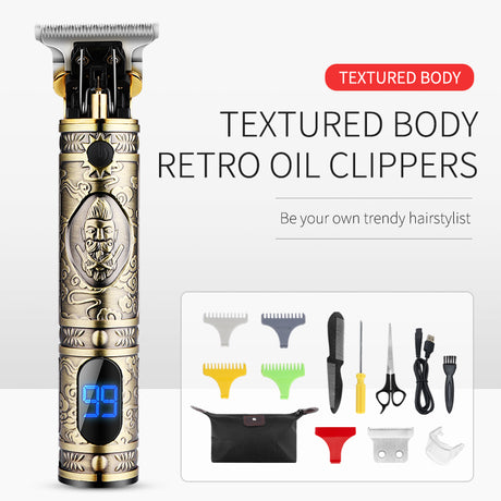 Electric Hair Clipper T9 Multi Accessory LCD Rechargeable Retro Oil Head Engraving Electric Hair Clipper - V.I.P Digital Presence